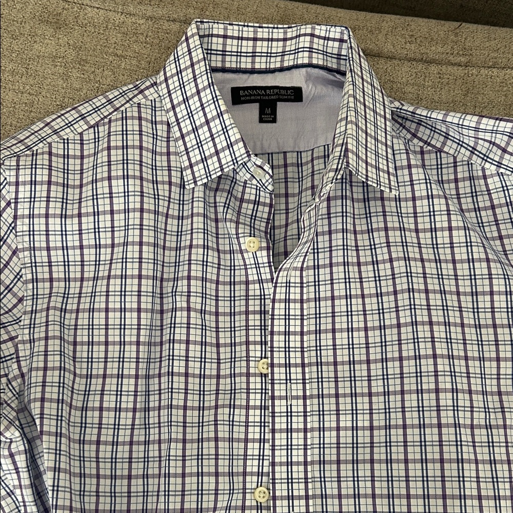Banana Republic Men's Purple and Blue Checkered Shirt
